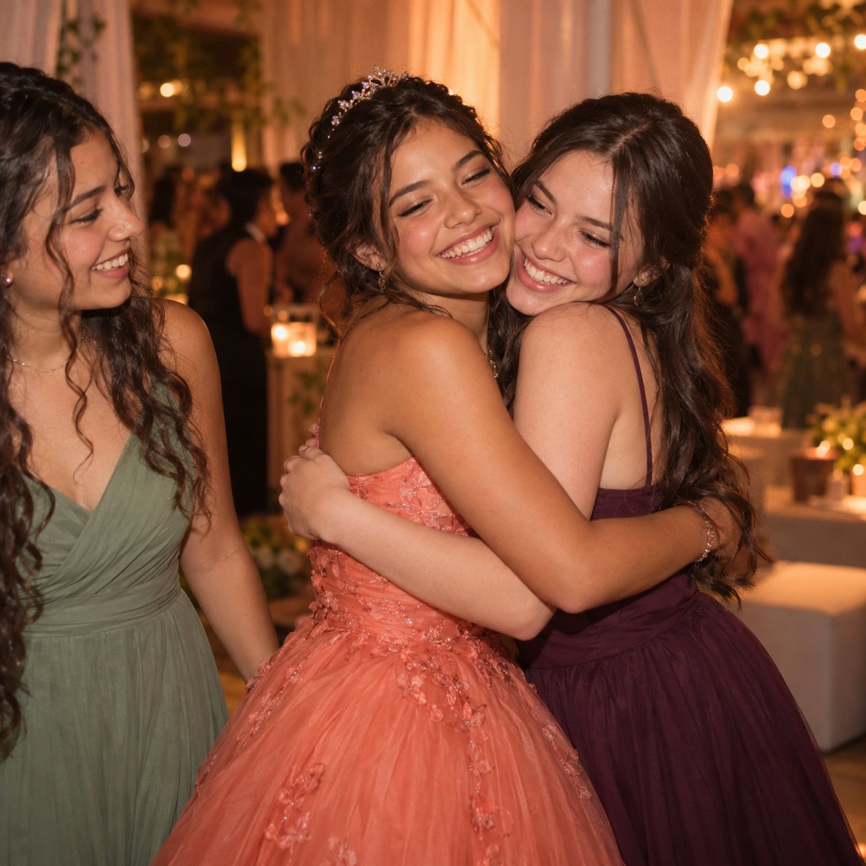 Aniversariante de 15 anos abraçando uma amiga durante a festa