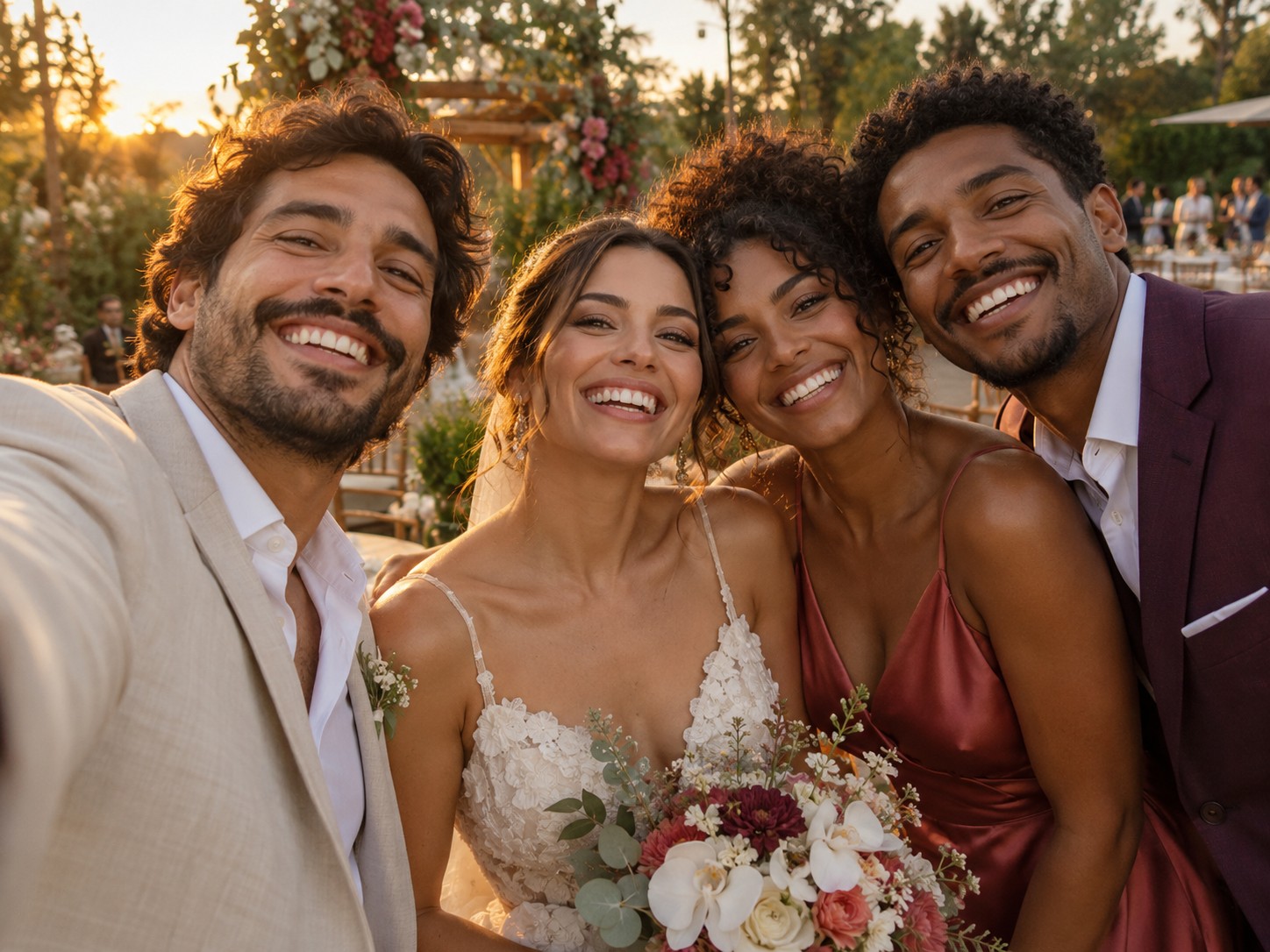 Selfie dos noivos com os amigos